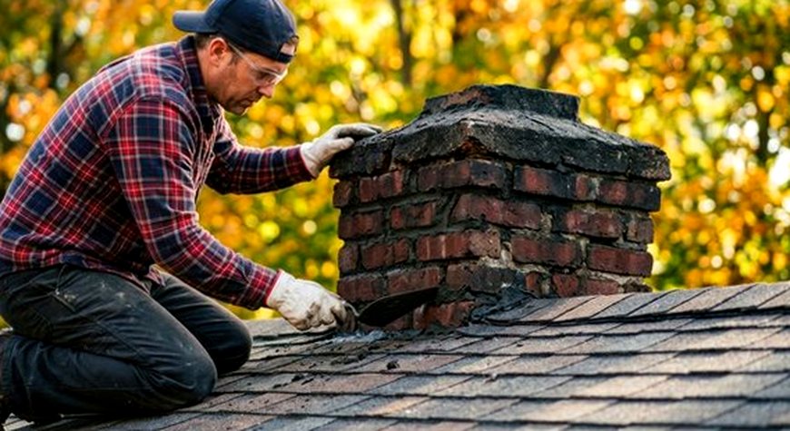 Mason at work on a weathered chimney stack in evening light