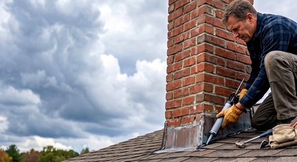 Sealant bead run along chimney flashing ahead of weather