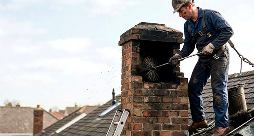 Sweep working a brick stack from the roof ladder